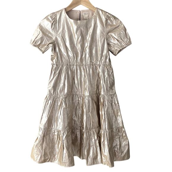Crewcuts Gold Metallic Tiered Shimmer Short Sleeve Dress - 8 - Picture 1 of 8